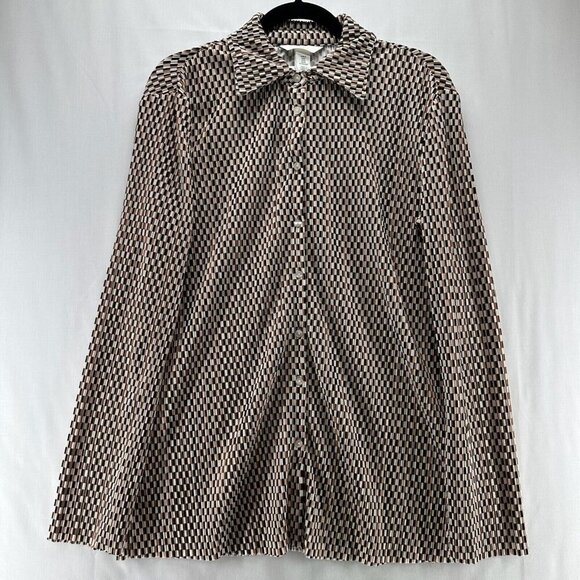 H&M Top Womens Size M Geometric Textured Jersey Button Front Long Sleeve Brown - Picture 1 of 12
